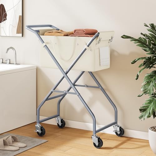 No-Bend Laundry Cart Rolling Hamper with Locking Wheels & - Image 3