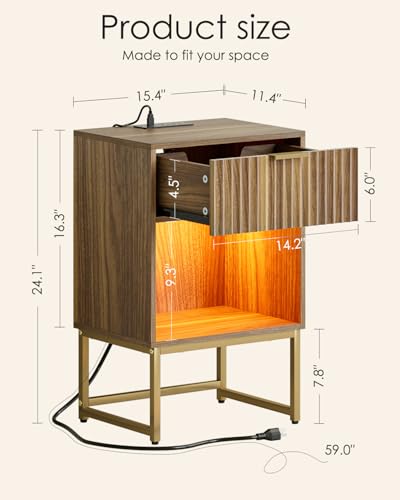 Masupu Fluted Nightstand with Charging Station and LED - Image 3