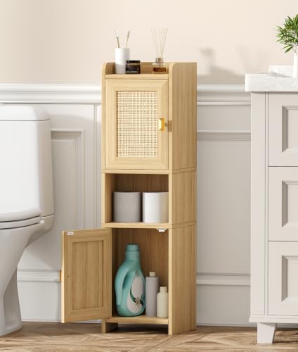 9.8''W Rattan Small Bathroom Storage Cabinet 2 Doors Oak - Image 5