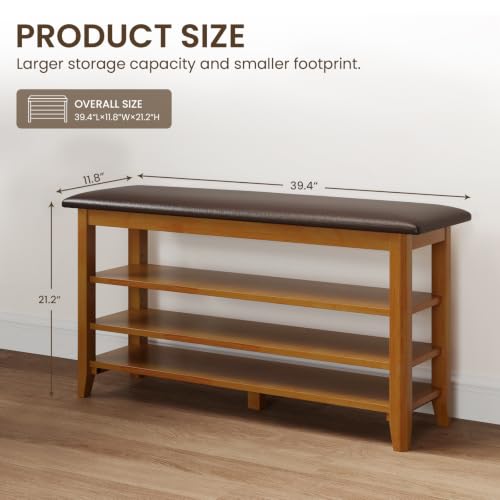 Solid Wood Shoe Rack Bench Entryway Storage with Leather - Image 3