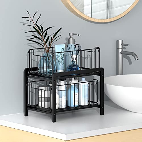 NPPLUS 2 Tier Black Under Sink Organzier With Sliding Drawer - Image 4