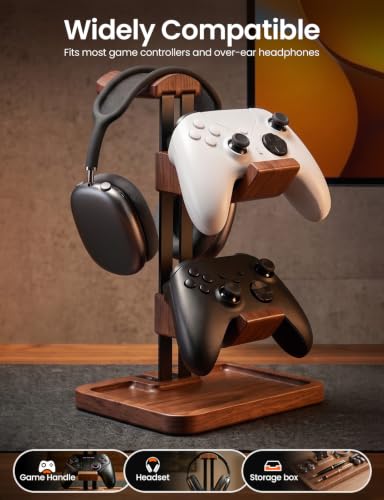 Walnut Headphone and Controller Stand, 2-in-1 Holder with Storage - Image 5
