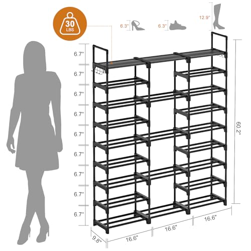 WOWLIVE 9 Tier 3-Column Shoe Rack, 50-55 Pairs Stackable Black - Image 4