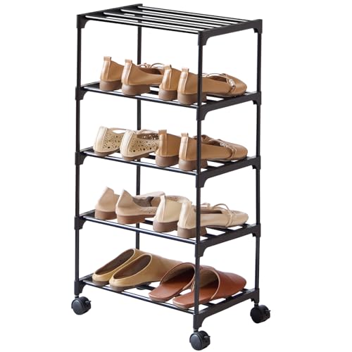 5-Tier Small Shoe Rack with Wheels, Slide-Out Metal Shoe - Image 2