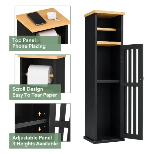 Narrow Bathroom Storage Cabinet with Toilet Paper Holder, Black - Image 4