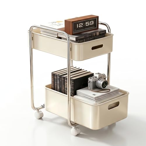 2-Tier Metal Rolling Cart Under Desk Storage Wheels Cream White - Image 2