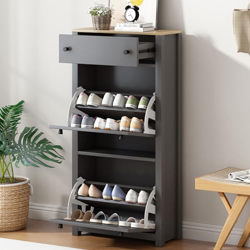 Functional Entryway Organizer with 2 Flip Drawers, Wood Grain - Image 2