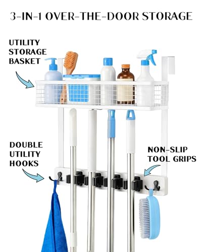 Lorbro Over the Door Broom and Mop Holder with Basket, 4 - Image 3
