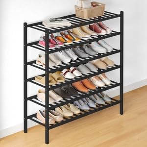 Smiry Bamboo Shoe Rack for Closet, 6 Tier Long Wooden Stackable Shoe Organizer, Free Standing Shoes Storage Shelf for Entryway, Front Door Entrance, Black