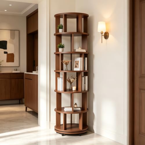 6 Tier Solid Wood Bookshelf with Wheels, 360° Rotating Book Shelf - Image 2