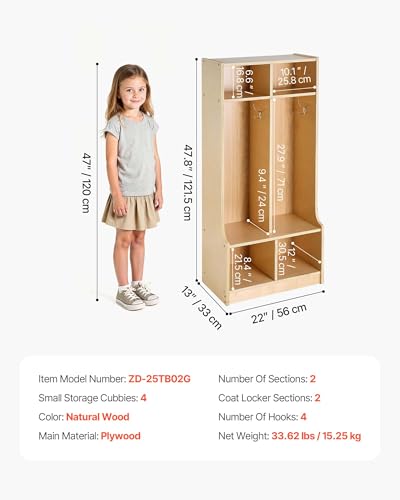 VEVOR 2-Section Coat Locker with Bench, Kids Lockers with 4 Hooks - Image 3