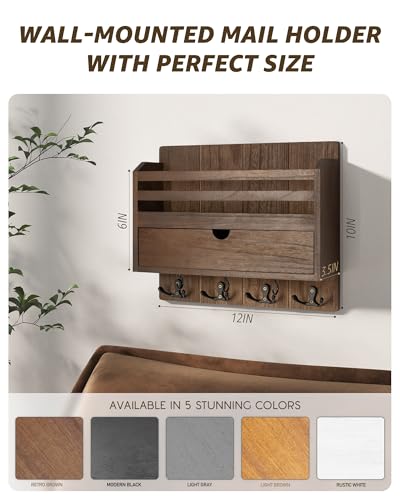 Mail Organizer Wall Mount with Hooks for Entryway, Retro Brown - Image 3