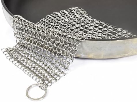 Cast Iron Scrubber - 8 x 8 Inches Cleaner 304 Stainless Steel Chainmail Dish Scouring Pad for Dishwasher Cleaning - Chainmail Scrubber for cast Iron Pans - Dutch Ovens Grills