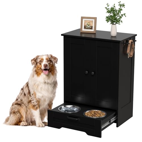Dog Feeding Station with Storage Cabinet, Black Wood Dog - Image 2