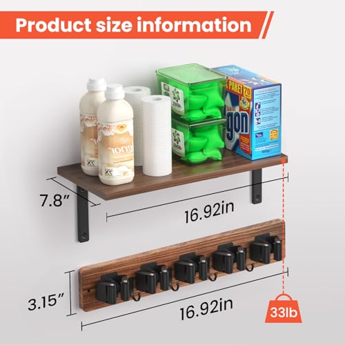 Broom Holder Wall Mount, Wooden Shelf, Rustic Wood Broom Hanger - Image 3