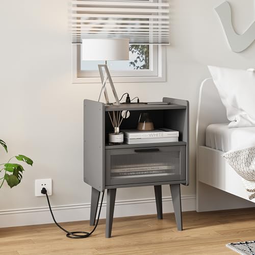 MMEOLUOOK Nightstand with Charging Station, Bedside Tables Grey - Image 3
