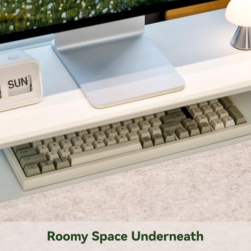 Bamboo Dual Monitor Stand Riser, White Desk Shelf with Storage - Image 5