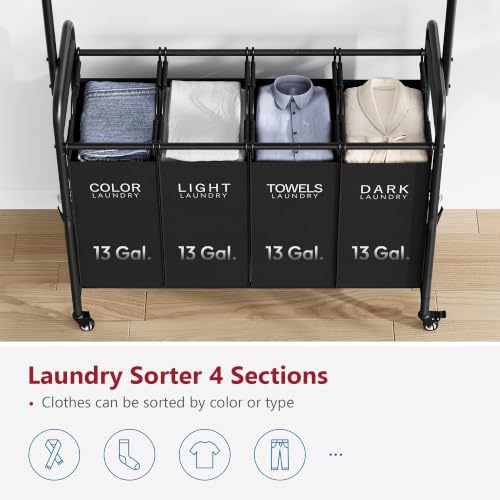 Tajsoon Laundry Sorter with Hanging Bar, 4 Section Laundry Hamper - Image 5