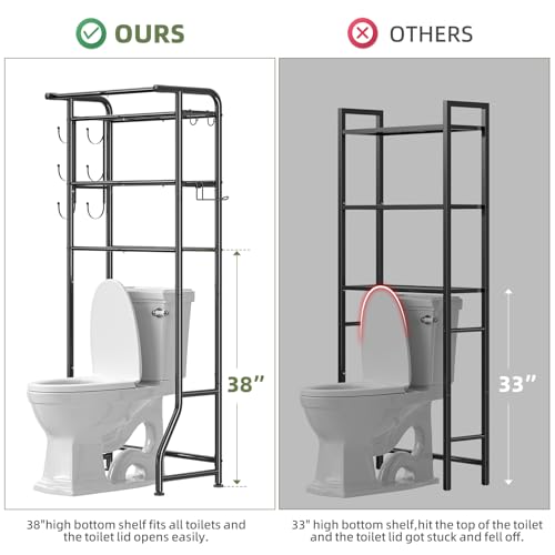 Simple Trending Over The Toilet Storage Cabinet, Metal Bathroom Shelf Organizer with Paper Holder and Hooks, 3 Tier, Black
