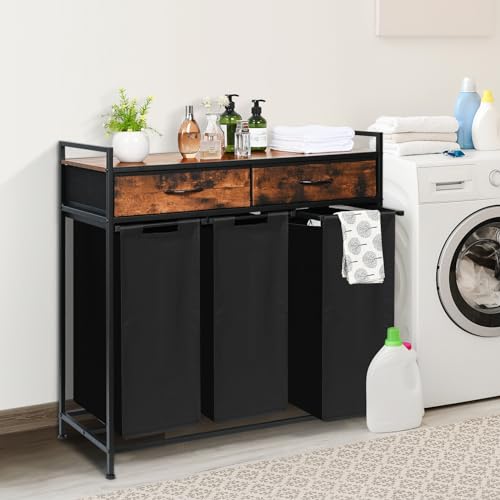 180L Laundry Sorter Hamper Basket 3 Section with Shelf & 2 - Image 3