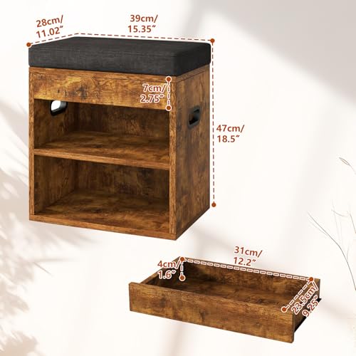 Small Shoe Storage Bench with Cushion and Drawer, Rustic Brown - Image 3