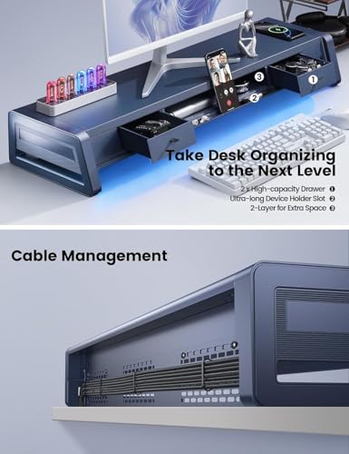 Vaydeer All-in-One Dual Monitor Stand Riser with 2 Drawers, 8USB - Image 6