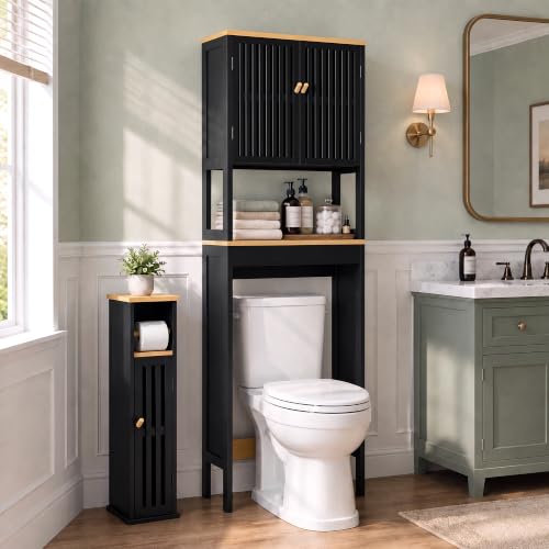 Narrow Bathroom Storage Cabinet with Toilet Paper Holder, Black - Image 6