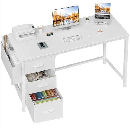 Lufeiya White Computer Desk with Fabric File Drawers Cabinet, 55 - Image 2