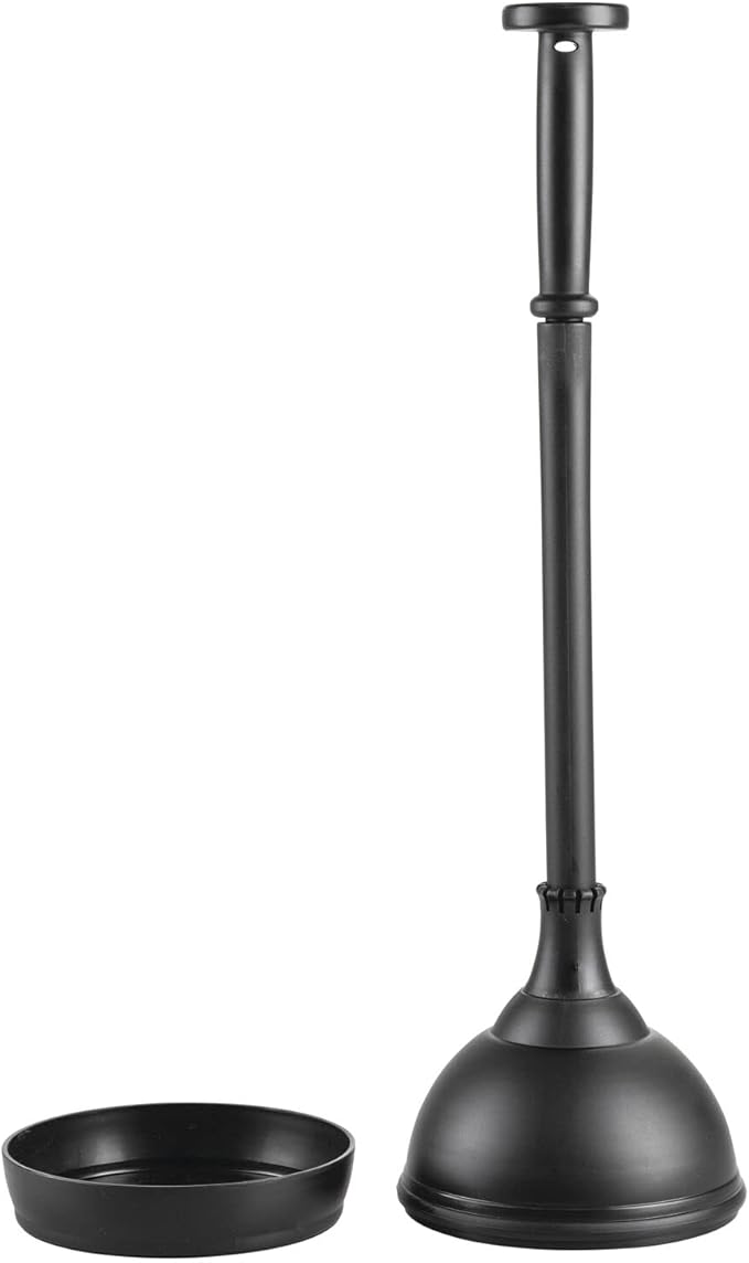 mDesign Plastic Toilet Plunger with Lift & Lock Cover Set, Compact Discreet Freestanding Storage Caddy Holder for Bathroom, Powder Room, Modern Design - Heavy Duty - Hyde Collection, Black