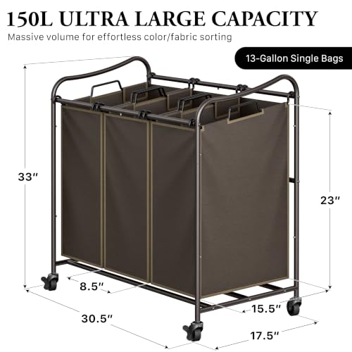 Simple Houseware Heavy Duty 3-Bag Laundry Sorter Rolling - Image 3