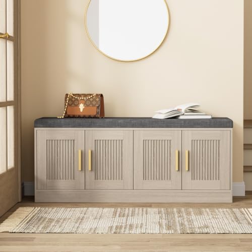 Fluted Shoe Storage Bench with 4 Doors & Thickened Cushion - Image 4