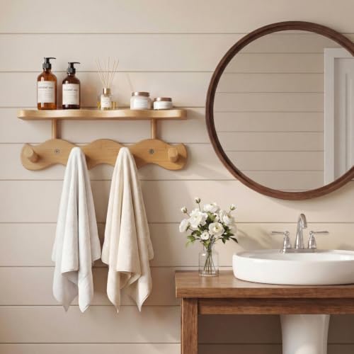 Wave-Shaped Bamboo Small Coat Rack Wall Mount with Shelf - Image 5