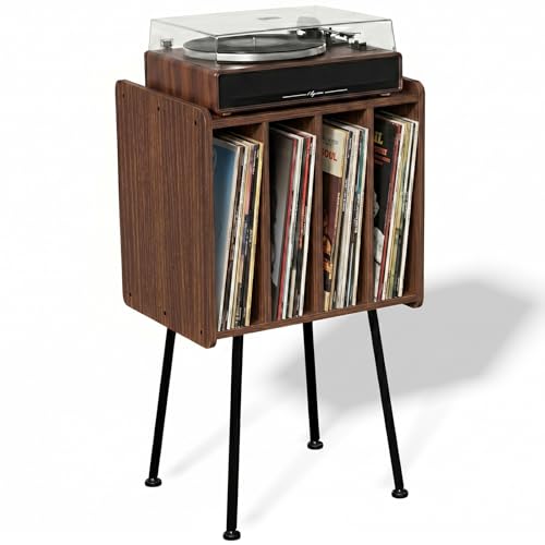 Record Player Stand with 4 Cabinets, Walnut - Image 2