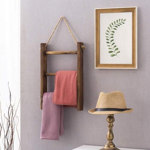 MyGift Dark Brown Wood Wall Mounted 3 Tier Hand Towel Ladder Rack - Image 8