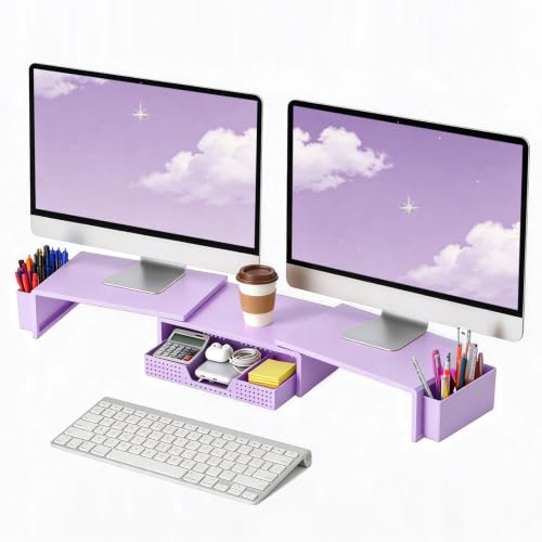 Dual Monitor Stand Riser with Drawer and 2 Pen Holders, Purple - Image 2