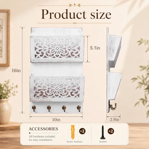 Mail Organizer Wall Mounted with Key Hook, 2-slot Mail Holder - Image 3