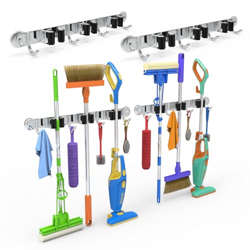 3-H Magnetic Broom Holder, 2 Pack, 3 Racks & 4 Hooks, Silver - Image 2