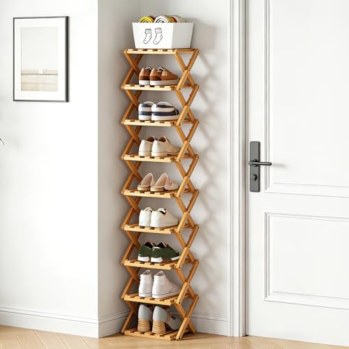 9 Tier Bamboo Shoe Rack, Foldable Narrow Shoe Organizer - Image 2