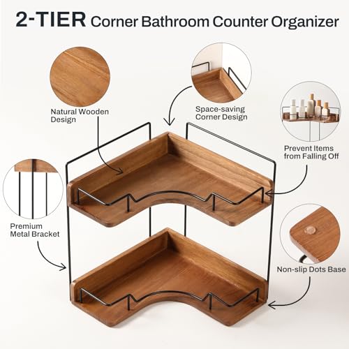2-Tier Bathroom Counter Organizer, Wooden Corner Shelf for Vanity - Image 4