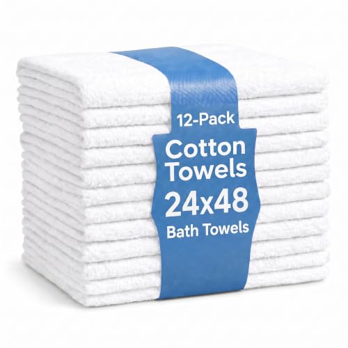 White Cotton Bath Towels 12-Pack (24x48), Lightweight Quick-Dry - Image 2