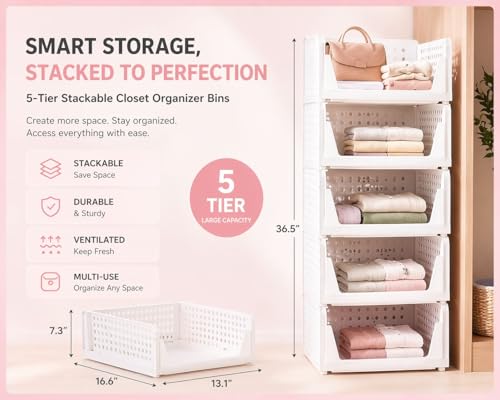 5 Pack Stackable Closet Storage Basket - Stackable Storage - Image 4