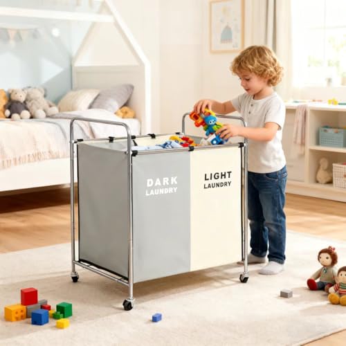 2 Section Rolling Laundry Sorter Cart, Laundry Hamper with Wheels - Image 3