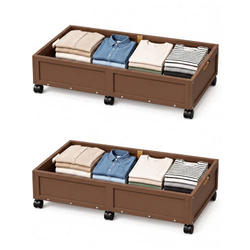 2 Pack Bamboo Under Bed Storage Containers with Wheels, Brown - Image 4