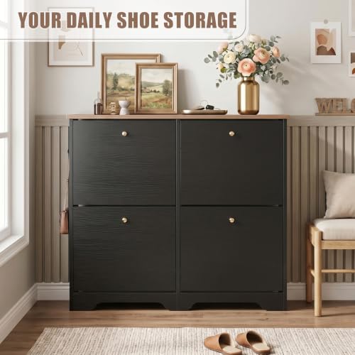 Nicetree Shoe Cabinet, 4 Flip Drawers Slim Black | Home Organization - Image 4