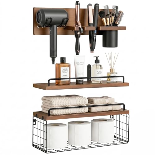 3-Tier Bathroom Floating Shelves with Hair Dryer Holder, Brown - Image 2