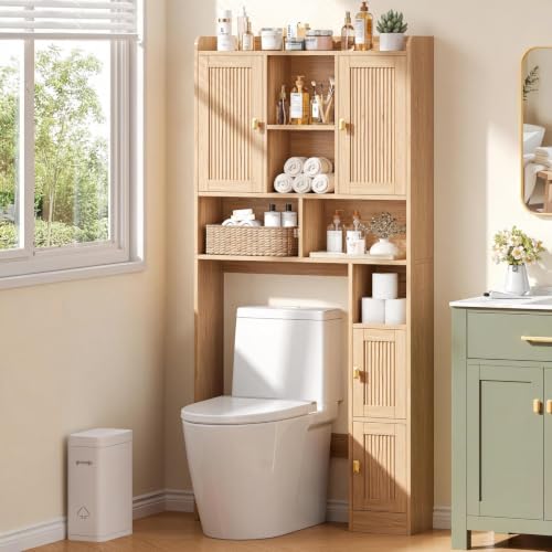 Fluted Over The Toilet Storage Cabinet with 4 Doors, Natural Oak - Image 2