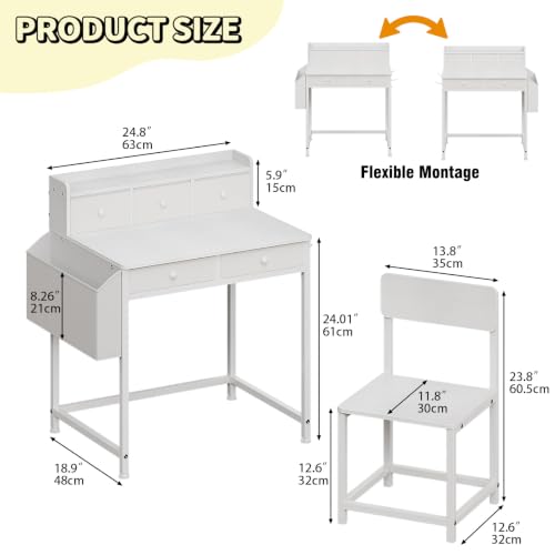 Kids Desk and Chair Set with 5 Fabrics Drawers, Ages 5-8, White - Image 4