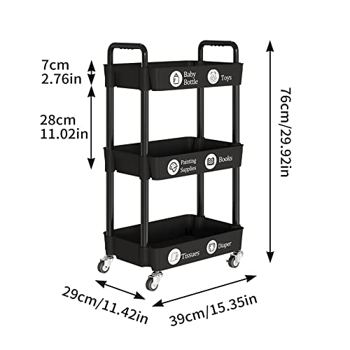 3 Tier Rolling Cart with Wheels, Utility Storage Carts,Black - Image 7