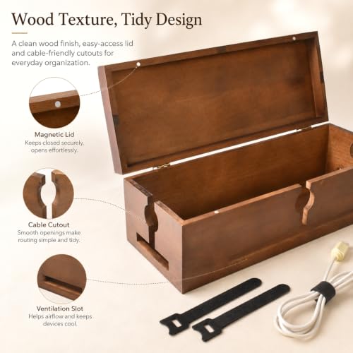 Wood Cable Management Box for Power Strip, Solid Wood Cord - Image 4