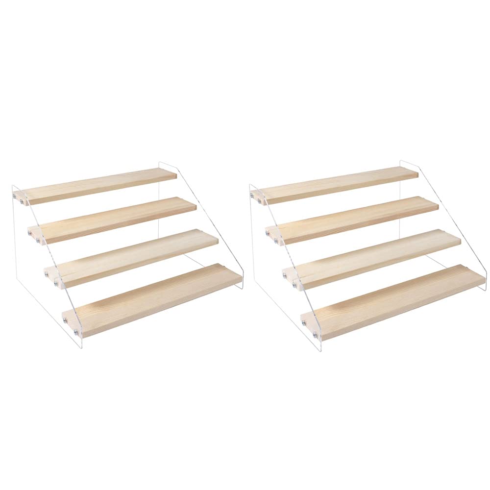 2 Pack 4 Tier Acrylic Display Stand for Figures Wooden Risers - Image 1